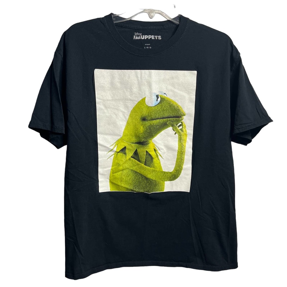 Disney Muppets Adult Large T-Shirt Black Graphic Kermit the Frog Thinking Meme